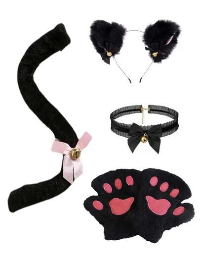 2/3/4pcs Cat Cosplay Costume Set, Includes Collar, Paws And Gloves, Cat Costume Accessories, Cat Ears, Collar, Tail, Paws For Women/Girls Halloween Outfit