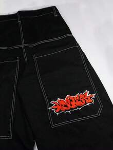 宽松牛仔裤，大口袋设计，阔腿宽松，街头风，Y2K嘻哈休闲时尚男士宽松牛仔裤，刺绣图案 - 黑色 - 查看 3