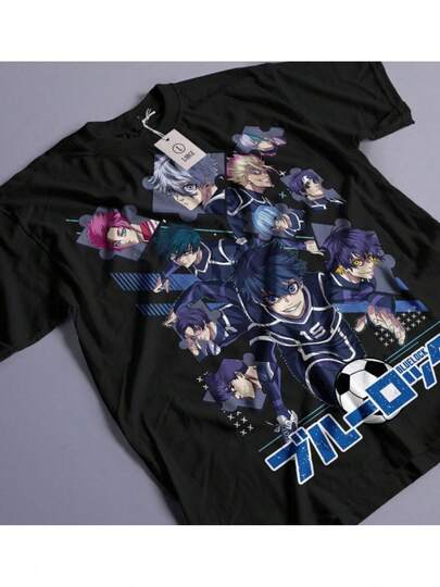 Camiseta Anime Blue Lock - Estampado Gráfico de Yoichi Isagi y el Equipo, Camiseta Bohemia Negra de Cuello Redondo para Adultos, Ropa Casual y Cosplay, Lavar a Mano únicamente, Mercancía de Fans, Camiseta con Estampado Vibrante, Ropa para Todas las Estaciones