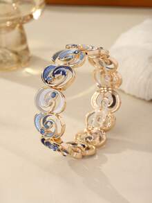 Cring Coco 1pc Fashionable Bohemian Enamel Blue Rose Elastic Bracelet, Suitable For Women, Valentine's Day, Gala, Party, Music Festival, Birthday Jewelry Accessory Gift - Flowers - View 2