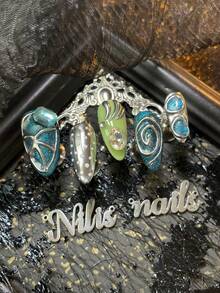 10pcs Almonds Nail Acrylic Kit, Blue&Silver&Green Nails, Blue Cat Eyes,3D Stereo Pearl&Diamond Nail Accessories Decoration,Colorful Nail Gems,Handmade Chrome Nails Powder&Polka Dot Nails,Y2k Style Nail Art Set,Suitable For Women And Girl To Festivals,Daily, Gatherings,Parties Use,Comes With 1 Mini Nail File And 1Double-Sided Adhesive Label Nail Stuff - Multicolor - View 4