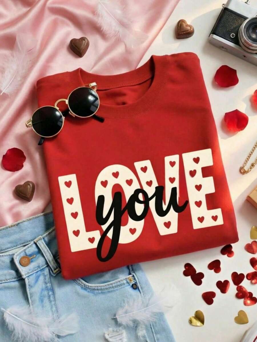 Sudadera de cuello redondo/de tripulación de manga larga con estampado del Día de San Valentín, talla grande, regular, para otoño/invierno y primavera, otoño e invierno para mujer, Navidad para mujer, Navidad de mujer, Navidad de mujer, Tops para salir de mujer, Elegante, Día de San Valentín