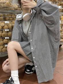 女士撞色格纹翻领长袖宽松单排扣休闲衬衫，春夏款 - 藍白色 - 查看 6