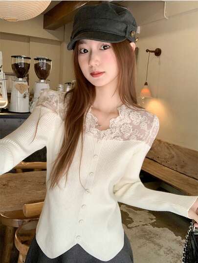 French Romantic Lace Patchwork Knit Sweater, 2025 Autumn/Winter New Design, Fitted Slim Fit Long Sleeve Base Layer Top