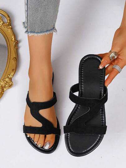 Sandalias planas para mujer, con forma de letra, punta abierta, unicolor, punta redonda, elegantes, de moda, versátiles y cómodas, zapatos tipo mule para el verano