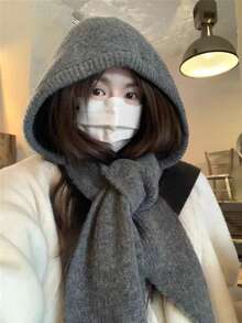 女士时尚纯色针织围脖套装（灰/蓝/黑/白可选），秋冬围巾帽组合，适合日常外出、购物、旅行 - 彩色 - 查看 6