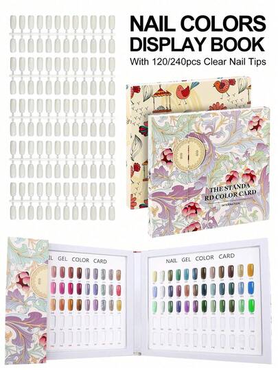 120 Colors Nail Polish Display Book, Includes 120 Pieces False Nails, Nail Polish Gel Display Chart, Nail Salon Studio Nail Art Sample Color Card Cardboard Nail Design Display Box