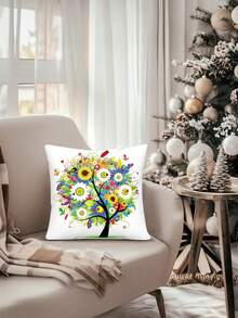 1pc Floral & Tree Print Decorative Pillow Cover, Colorful Flower Cushion Cover For Sofa, Chair, Bedroom, Living Room - Multicolor - View 4