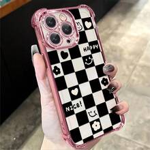 1pcs Black and White Checkerboard  Heart Flower Phone Case Compatible with Apple Phone17ProMax 16 15 14Plus 11 12 13 ProMax Antidrop Phone Case Camera Protection Phone Case Funky Girlish Style Popular Cute Funny Can Be Given To Friends Can Be Given To A Lover - Rosa - Ver 2