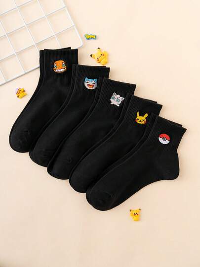  5 Pairs Of Women's Embroidered Pokemon Series Pikachu-Patterned Funny Cartoon Ankle Socks, The Same Style For Both Men And Women, Sporty Style, Suitable For All Seasons, European And American Sizes, Comfortable, Breathable, , Rich In Colors, Suitable For Daily Wear, High-Quality Fabric, Does Not Cause Foot Discomfort