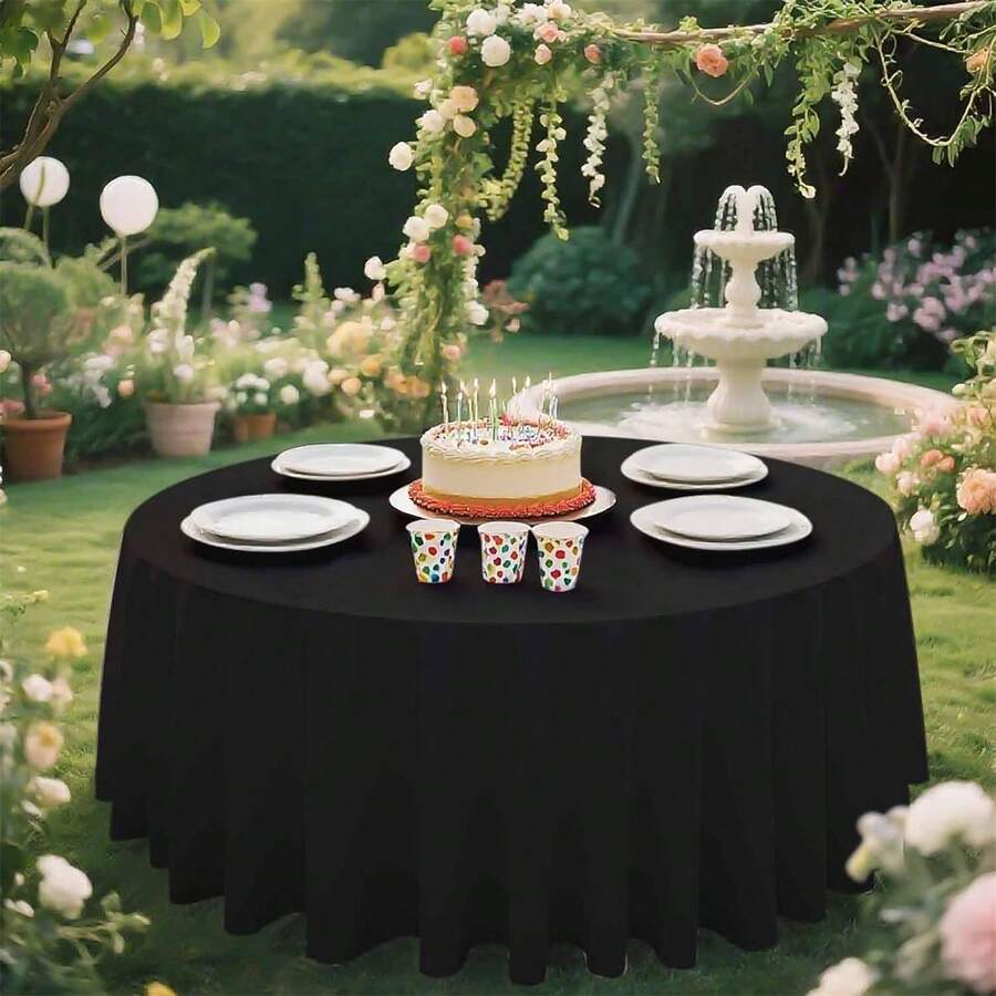 2 Pack Black Tablecloth Round 84 X 84 Plastic Table Cover Waterproof Black Table Cloth Disposable For Wedding Birthday Baby Shower Halloween Party Picnic Circle Tablecloth - 黑色 - 查看 1