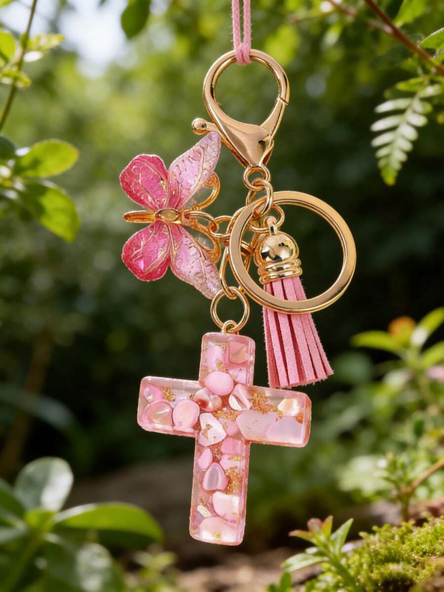 Resin Cross Keychain, Women's/Girls' Style, With Butterfly Pendant And Tassel, Inlaid With Pebbles, Sparkling Hearts And Purple Sequins, Fashionable Jewelry Gift, Easter Baptism Party Gift, Car Ornament, Bag Pendant, Cute Gothic Style Y2K.Bag Charms,Keychains,Purse Charms,Plush Keychain,Keychain,,Girls Keychain,Cute Keychains For Girls,,Keychains For Woman,Bag Charms,Christmas Gifts - 粉色 - 查看 1
