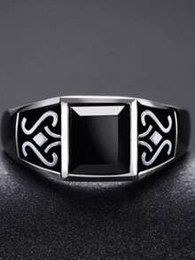 1pc Mysterious Totem Ring, Minimalist Faux Black Obsidian Ring, Fashionable Versatile High-End Open Ring - H631 - View 4