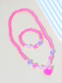 2pcs/Set Girls Cute Butterfly Flower Heart Pearl Beaded Bracelet Necklace Jewelry Set, Suitable For Girls Daily Wear And Gifting To Friends