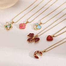 1件不锈钢珐琅蝴蝶花朵吊坠项链，简约心形吊坠项链，时尚日常佩戴饰品 - 彩色 - 查看 2