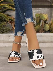 Summer New Cow Print Sandals For Women, Square Toe Strap Retro Casual Slip-On Flat Slippers - Beige - View 6