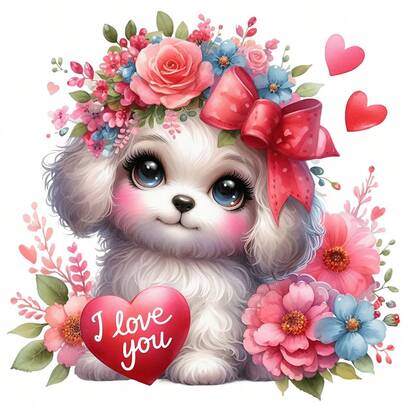 1pc Animal Theme 5D Diamond Painting Kit, Heart-Shaped Puppy & Floral Pattern[30*30cm/11.8*11.8in][40*40cm/15.7*15.7in]Suitable For Adult Beginners DIY Mosaic Diamond Art, Full Drill Handmade Hobby Diamond Painting, Suitable For Living Room, Bedroom, Office Wall Decor Painting, Art Home Decor Gift For Family And Friends, Frameless