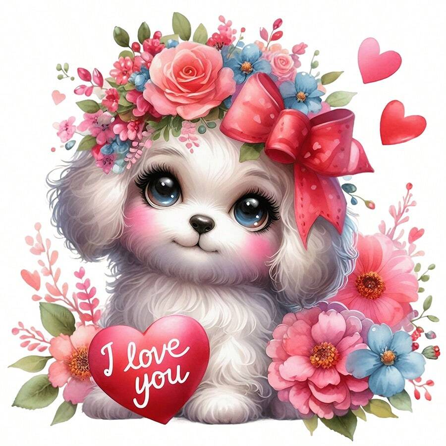 1pc Animal Theme 5D Diamond Painting Kit, Heart-Shaped Puppy & Floral Pattern[30*30cm/11.8*11.8in][40*40cm/15.7*15.7in]Suitable For Adult Beginners DIY Mosaic Diamond Art, Full Drill Handmade Hobby Diamond Painting, Suitable For Living Room, Bedroom, Office Wall Decor Painting, Art Home Decor Gift For Family And Friends, Frameless
