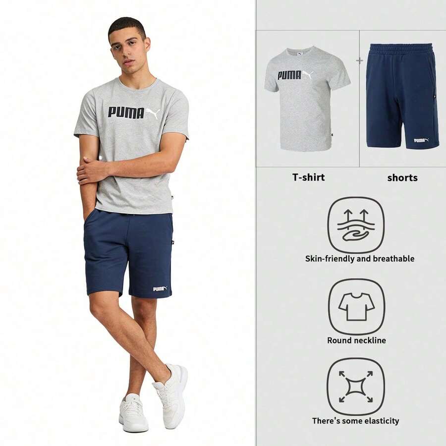 Puma 【男士運動套裝】ESS 2 COLOR No. 2 Logo Tee 日常戶外通勤運動短袖T卹 + ESS No. 2 Logo Shorts TR 針織短褲 內裡毛圈 跑步登山旅遊訓練健身褲 - 灰色/深藍 - 查看 1