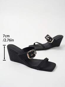 2026 女士黑色方头坡跟厚底凉鞋，金属扣露趾绑带百搭女士凉鞋 - 黑色 - 查看 7