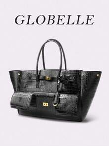 GLOBELLE 时尚复古摩托车包，大容量可扩展，金色五金配件，纯色鳄鱼纹压花双提手，女士单肩手提包，适合上班族女性，完美适用于大学、工作、商务、通勤、户外、旅行、野餐、办公室等各种场合，也适合工作、购物、送礼、休闲旅行。简约百搭，适合户外休闲和购物。 - 黑色 - 查看 3