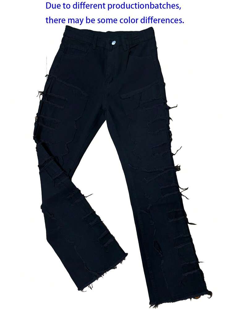 Men's Casual Washed Distressed Ripped Hem Jeans - Black - View 8