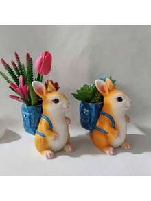 1pc 6.3 Inch Cute Rabbit Planter With Backpack, Gardening Decor, Desktop Ornament - Resin Plant Pot Stand, Suitable For Yard, Home, Office Desk Decoration, Multifunctional Decorative Accessory - Perfect Gift For Pet Lovers, Holiday Table Decor, Textured Plush Details