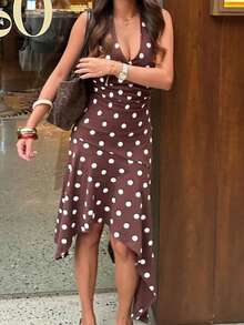 QIANZHIDU SUNSTORY 女士夏季波点复古休闲优雅露背吊带迷你连衣裙，女士泡泡裙，无袖露背A字连衣裙，适合夏季休闲度假、婚礼宾客、优雅派对、晚宴、下午茶、约会、毕业典礼等场合，女士夏季迷你裙 - 棕色 - 查看 6
