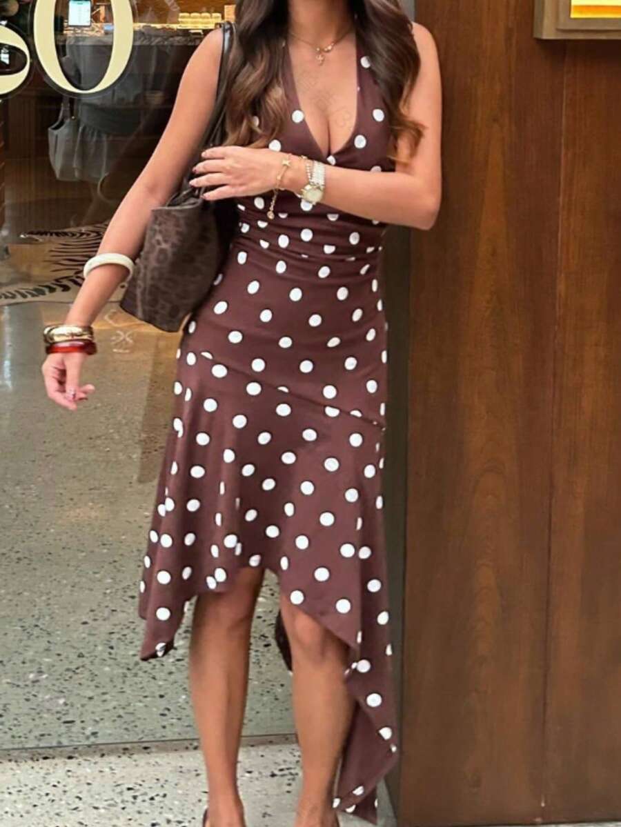 QIANZHIDU SUNSTORY 女士夏季波点复古休闲优雅露背吊带迷你连衣裙，女士泡泡裙，无袖露背A字连衣裙，适合夏季休闲度假、婚礼宾客、优雅派对、晚宴、下午茶、约会、毕业典礼等场合，女士夏季迷你裙 - 棕色 - 查看 1