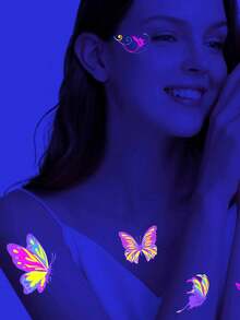 10张夜光纹身贴纸，防水防紫外线霓虹面部纹身，黑暗中发光临时纹身，身体贴纸，派对礼品用品，音乐节必备，情人节用品 - 彩色 - 查看 4