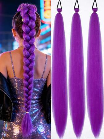1~3 st 26 tum lila gör-det-själv-flätade hårförlängningar | Syntetisk Yaki rak värmebeständig fluffig hästsvans för kvinnor | För Halloween, julfest
