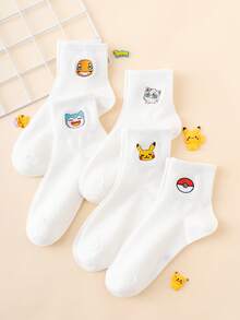 pokemon 5双装女士刺绣皮卡丘图案趣味卡通短袜，男女通用，运动风格，适合所有季节，欧美尺码，舒适透气，经久耐穿，色彩鲜艳，适合日常穿着，优质面料，不会引起足部不适。 - 白色 - 查看 2