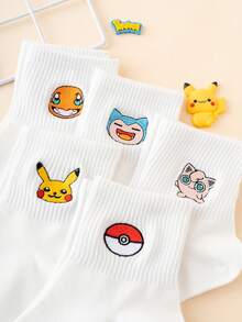 pokemon 5双装女士刺绣皮卡丘图案趣味卡通短袜，男女通用，运动风格，适合所有季节，欧美尺码，舒适透气，经久耐穿，色彩鲜艳，适合日常穿着，优质面料，不会引起足部不适。 - 白色 - 查看 3