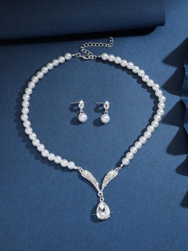 3pcs/Set Teardrop Crystal Necklace Set For Brides, Elegant Jewelry Set Suitable For Dance, Business, Wedding And Other Occasions - Silver 80826101 - View 19