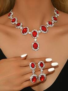 3pcs/Set Elegant Bridal Women's Fashion Crystal Necklace Set, Sexy Jewelry Set, Suitable For Banquet, Ball, Party - Red 80866703 - View 20