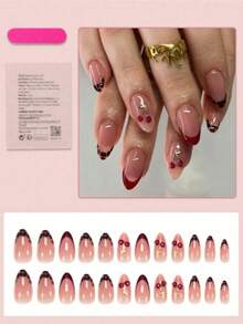 24pcs Medium Almond Shaped Nail Stickers, Leopard Print French Manicure, Red 3D Cherry Pattern, Retro Full Coverage Style, Suitable For Women And Girls Daily Wear, Summer Nail Art