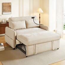 Modern Doppel-Klappschlafsofa, Multifunktionssofa Mit Schlaffunktion, Verstellbare Rückenlehne, Handyhalter, USB-Ladeanschluss, Geeignet Für Wohnzimmer, Schlafzimmer, Heimkino-Wohnung - Beige - View 1