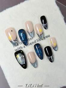 10 miếng dán móng tay acrylic thủ công, cỡ trung bình, hình hạnh nhân, màu xanh dương, đen, kiểu INS, kiểu Pháp, lấp lấp, đính đá, chấm bi, ombre, giá cả phải chăng, móng tay dễ thương, có thể tái sử dụng, bao gồm dụng cụ làm móng, phù hợp cho đi làm hàng ngày, dự tiệc và văn phòng, món quà tuyệt vời. - Nhiều màu - Xem 3