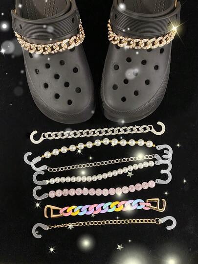2pcs Multi-Style Chains (Crystal Chain, Zinc Alloy Chain, Pearl Chain, Rainbow Chain, Pink Beaded Chain) Hollow Shoes Charms DIY Decorations, Suitable For Women's Sandals, Slippers, Shoes With Holes And Other Items, Multifunctional Shoe Clips Accessories - Perfect Gift For Holidays, Parties And Special Occasions