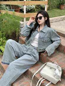 Casual Washed Vintage Denim Jacket, Turndown Collar, Long Sleeve Spring - Blue - View 7