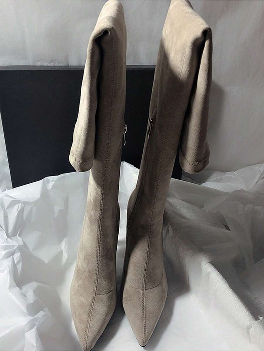 Fall/Winter Pointed Toe Thigh High Boots, Elastic Slim Fit Tall Boots, Fashion High Heel Suede Boots For Women