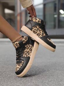 Women's Leopard Print High-Top Casual Sneakers | With Cushioned Insole, Breathable Mesh PU Upper And Round Toe - Suitable For Casual, Sports, Athleisure Wear - Leopard Spot Print Gift Shoes, Women's Athletic Shoes, Training/Workout Shoes - Black - View 7