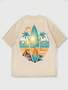 男士休闲沙滩主题印花短袖T恤，舒适透气，适合夏季穿着，引领时尚潮流 - 杏色 - 查看 4