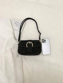 Túi vuông mini phong cách retro mới, dây đeo bằng kim loại và da trang trí, khóa gập, dây đeo dài có thể điều chỉnh, túi đeo chéo mềm mại, tối giản, màu trơn, nhẹ nhàng. - màu đen - Xem 5