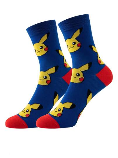 pokemon 1 Pair Men's Pokémon Series Pikachu Patterned Interesting Cartoon Colorful Jacquard Mid-Calf Socks, Unisex, Sportswear, All Season, European & American Sizes, Comfortable Breathable Durable, Vibrant Colors, Suitable For Daily Wear, Premium Fabric, Non-Stuffy