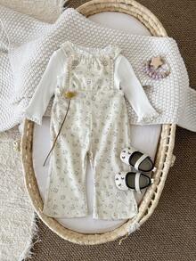 Baby Girl Cute Ditsy Floral Beige Bib Pants, Spring/Autumn (Shirt Not Included) - Beige - View 5