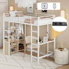 Hochbett, 90*200cm , Ohne Matratze, Bett Mit Schreibtisch, Mit Steckdose Und USB, Mehrere Regale, Offener Lagerschrank, Geländer, Leiter, Eisenrahmen, Weiß - White - View 1