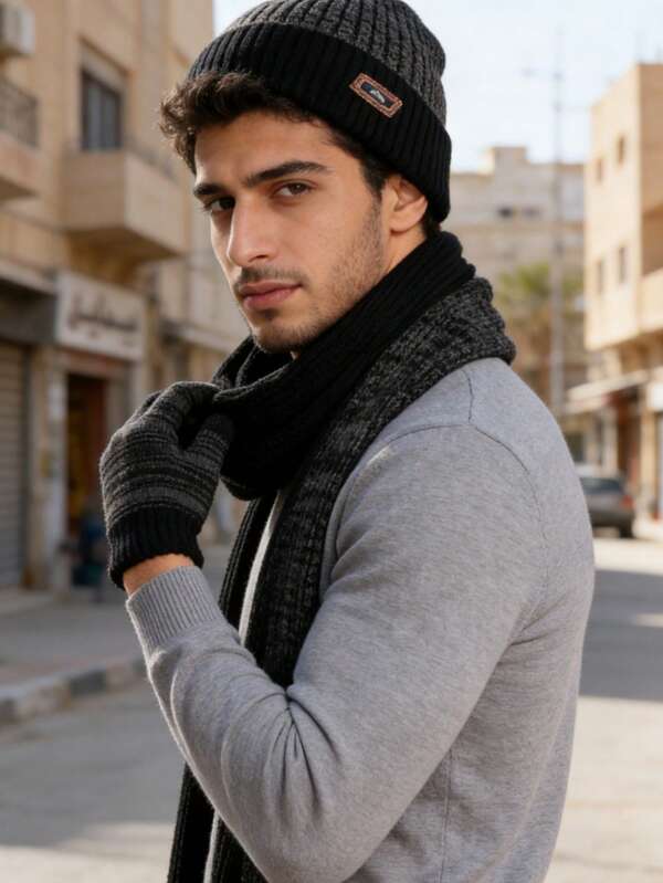 3 PiecesWinter Set - Knit Hat With Ear Muffs, Striped Touchscreen Gloves, Unisex Winter Accessories Set, Outdoor Warm Gear, Sports Accessories Set, Cold Weather Equipment, Outdoor Sports Series, Men's Winter Warm Headwear