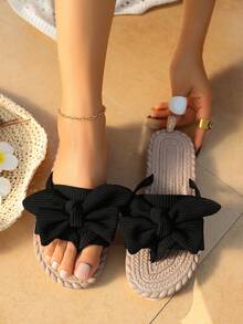 女士时尚轻便平底人字拖，手工蝴蝶结套脚平底凉鞋，休闲通勤度假沙滩鞋，春夏款 - 黑色 - 查看 6