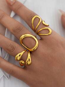 Frminee Bộ 3 chiếc nhẫn hình học bằng thép không gỉ mạ vàng 18K cao cấp, thời trang, tối giản, thanh lịch, độc đáo, tinh tế, thích hợp cho nữ đeo hàng ngày hoặc làm quà tặng. - Vàng - Xem 4